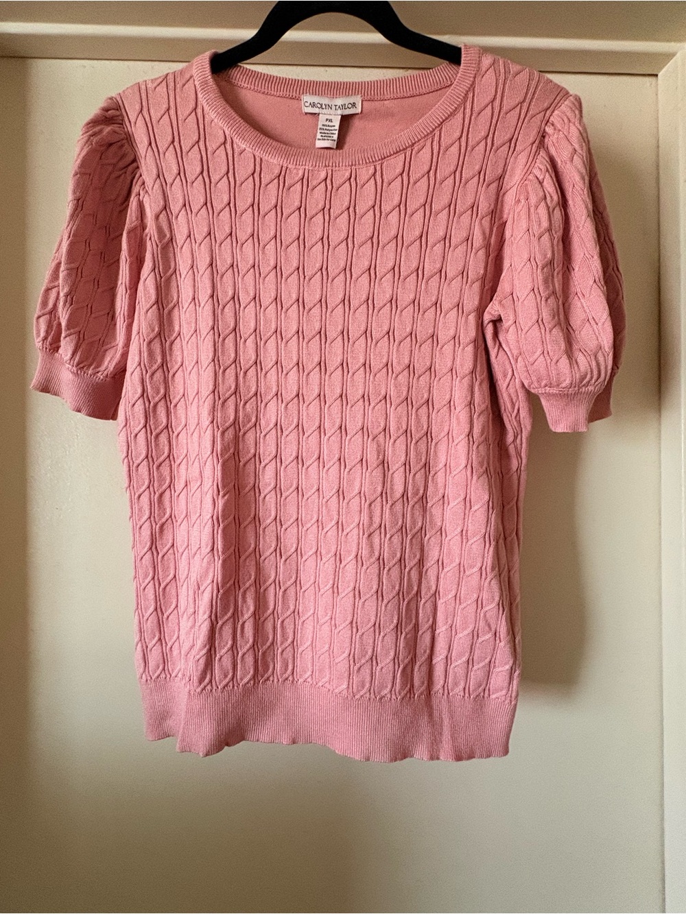 Carolyn Taylor Pink Short Sleeve Cable Knit Puff Shoulder Sweater PXL